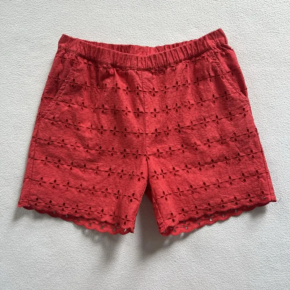 Hanna Andersson Tomato Red Scallop Embroidered Pull On Airy Eyelet Shorts 150 12